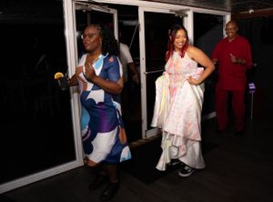 Partygoers gathering in a dimly lit outdoor space during a nighttime event.