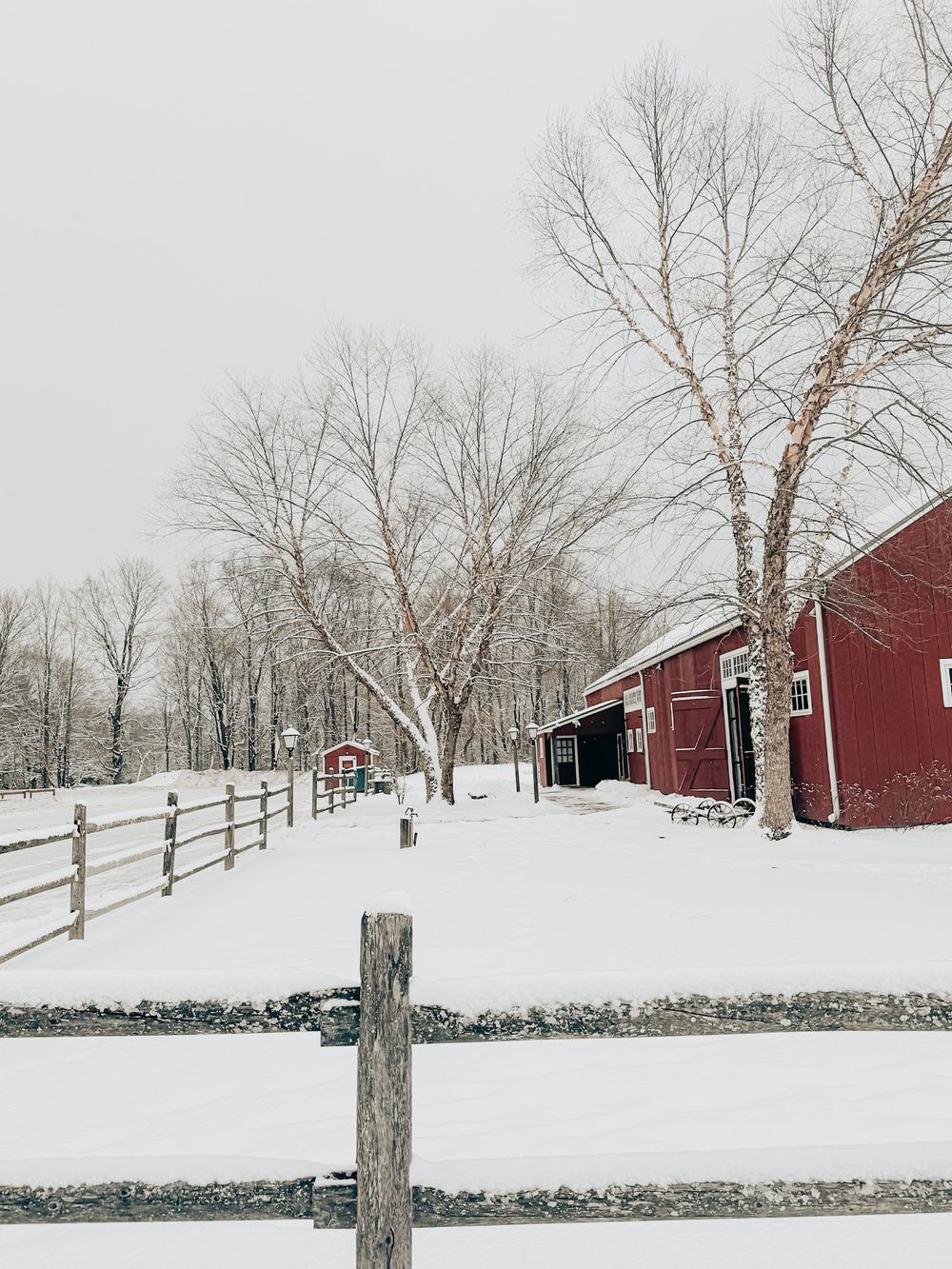 Snow covered rural farm scene with red barns and wooden fence on a winter day with bare trees in the background.