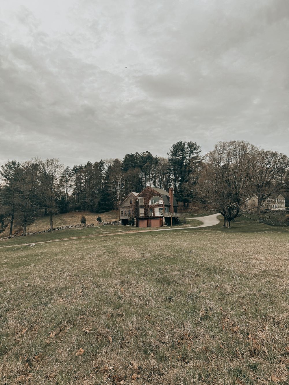 Rustic two-story house sits alone on a vast grassy hillside surrounded by bare winter trees under moody gray skies.