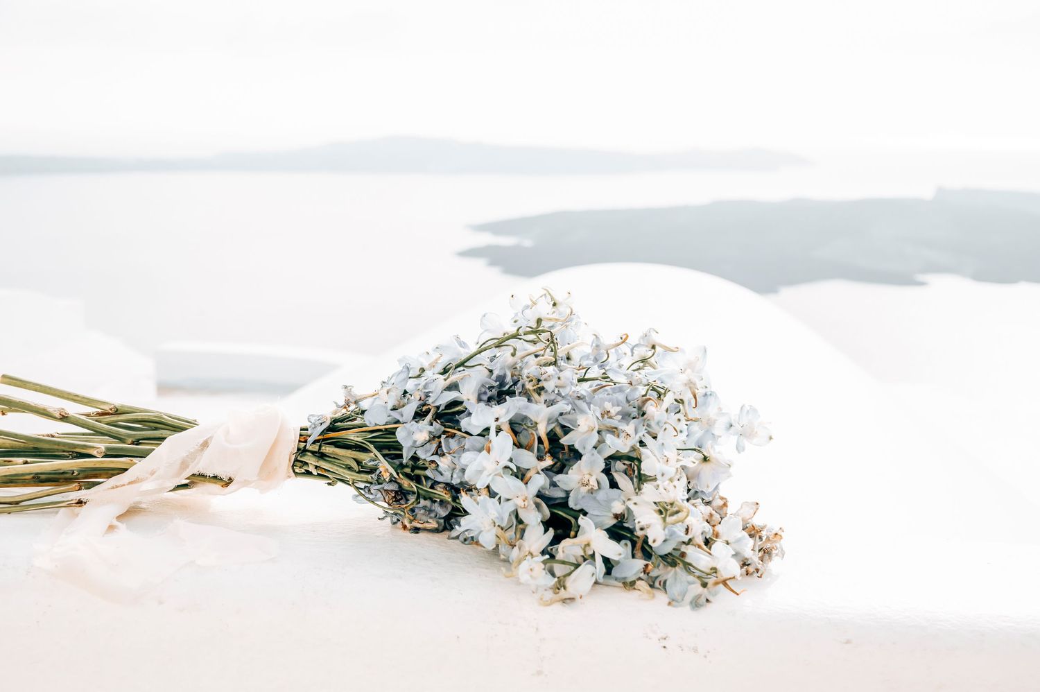 Delicate white dried flower bouquet on white surface against cloudy backdrop.