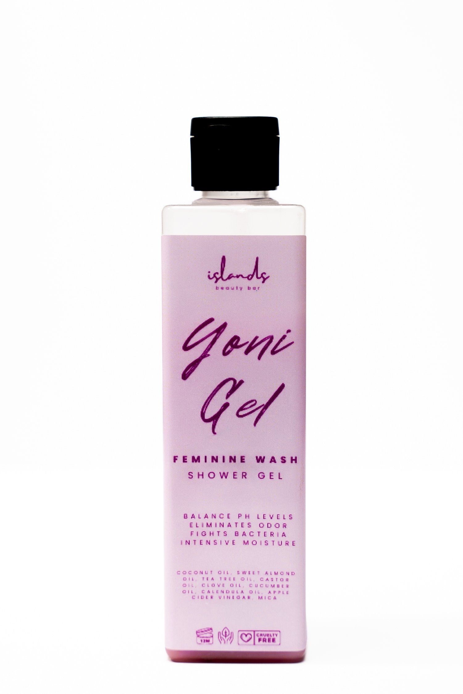 Pink bottle of Goni Gel feminine wash shower gel with black cap against white background.