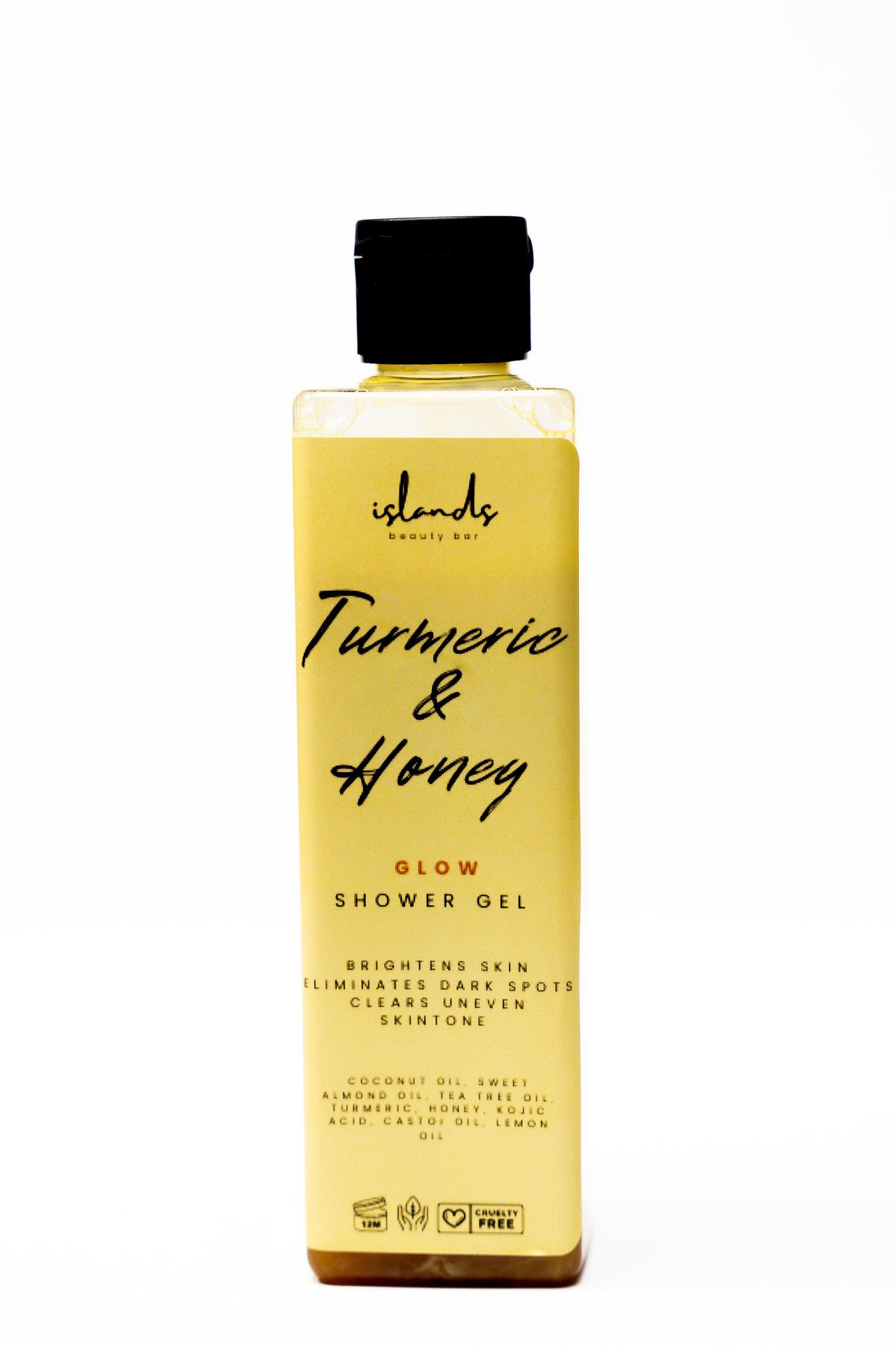 Minimalist product shot of Islands Beauty Bar Turmeric & Honey shower gel on white background.