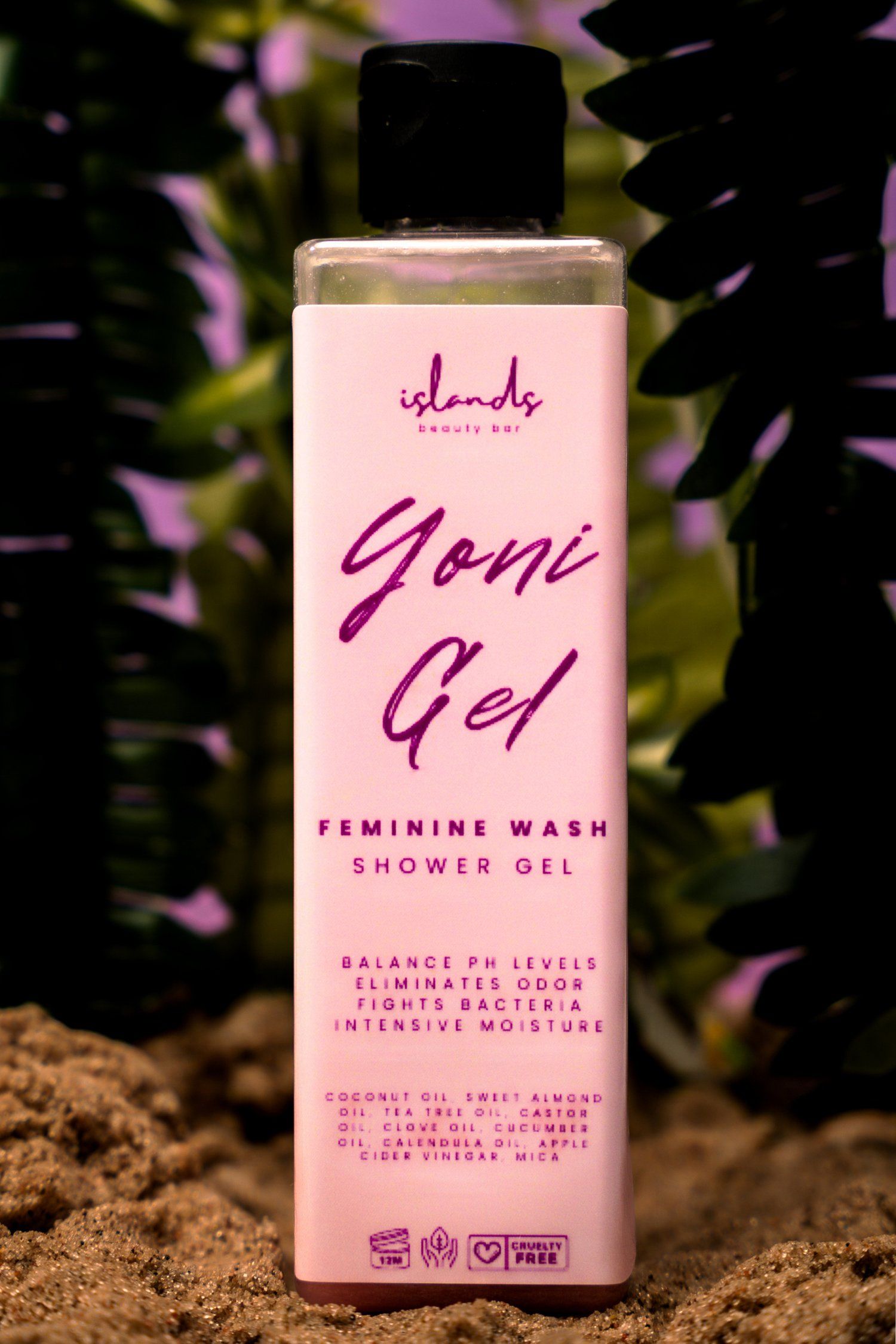 Pink bottle of Islands Beauty Bar Yoni Gel feminine wash shower gel.