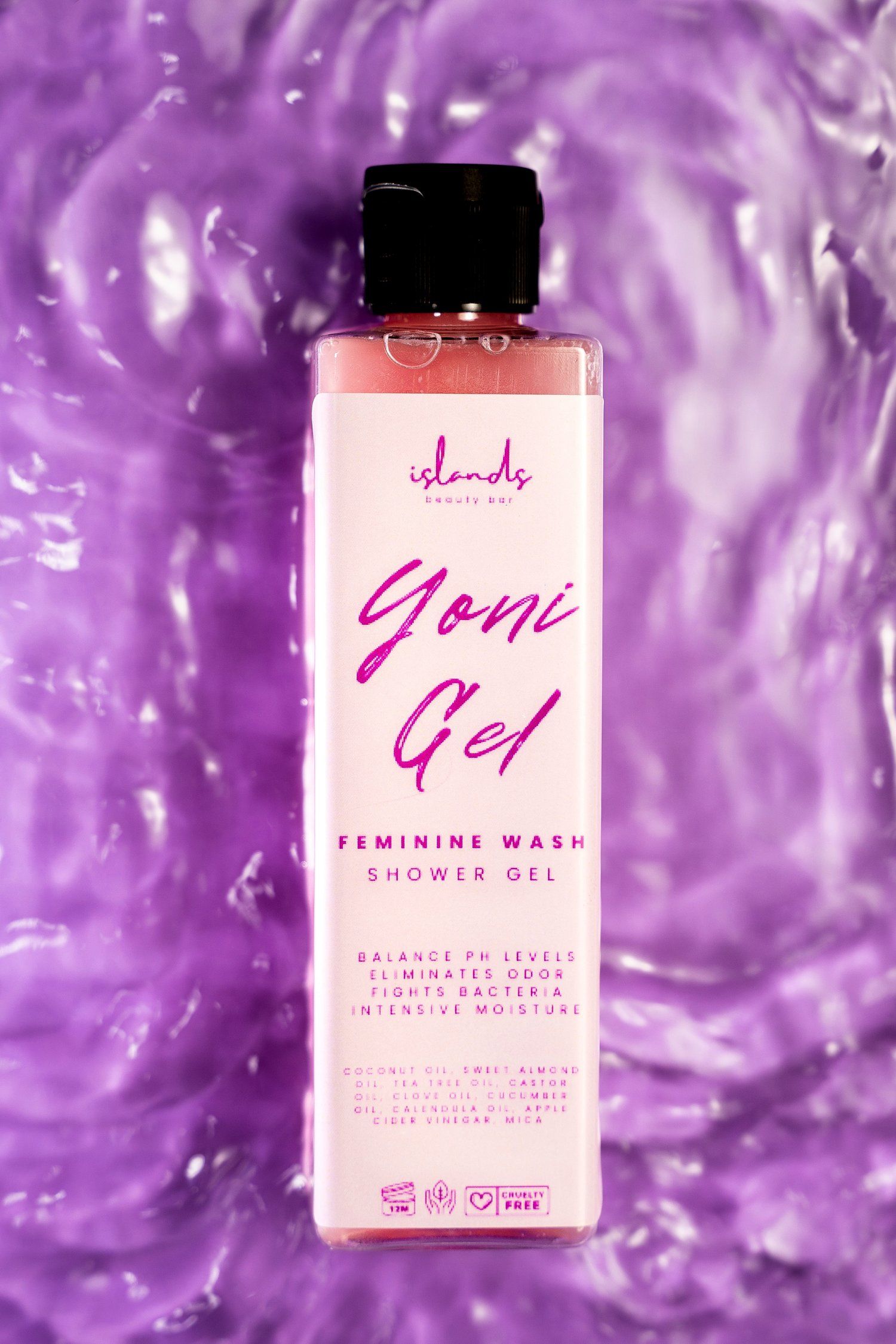 Goni Gel feminine wash bottle photographed against purple wavy textured background.