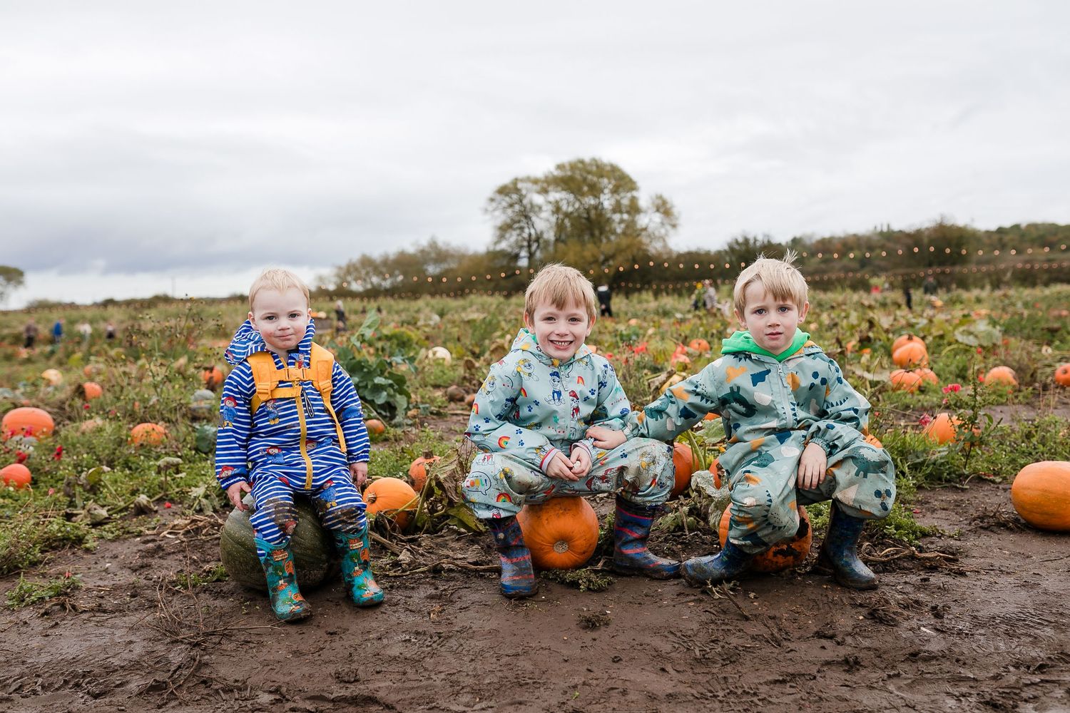 Children sit among scattered pumpkins in a muddy field during harvest season. Photographer. Hull. East Yorkshire. Photography