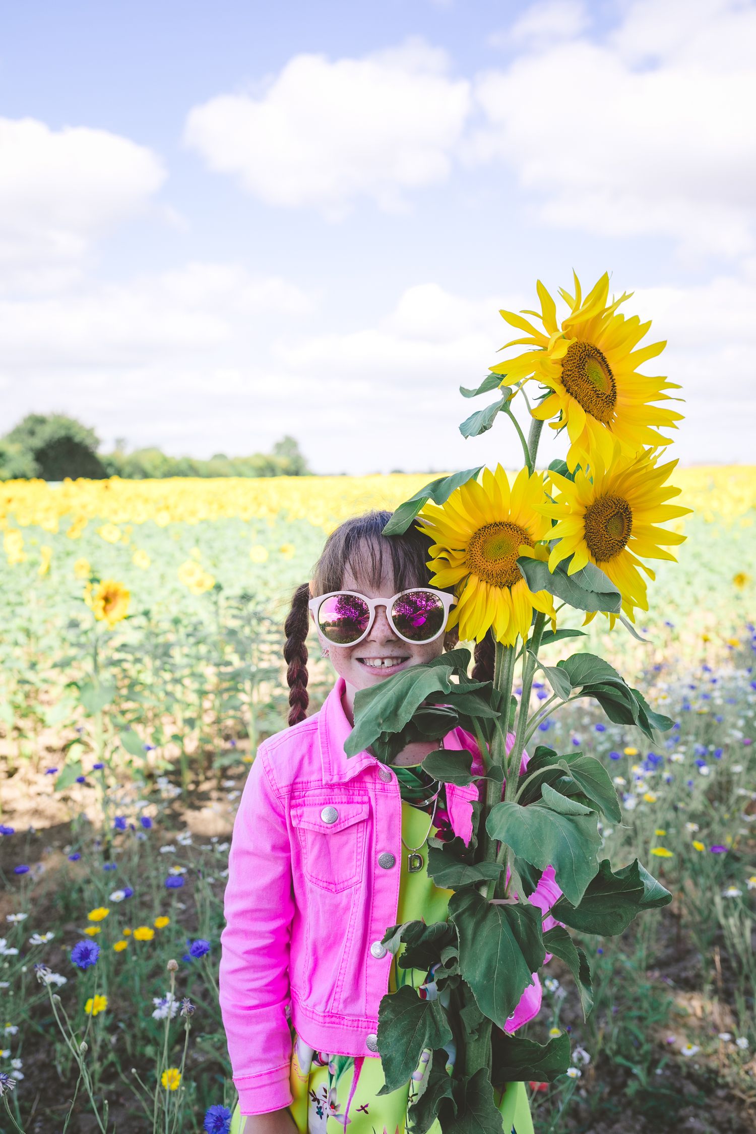 Bright pink jacket and sunglasses stand out against vibrant sunflowers in a summer field. Photographer. Hull. East Yorkshire. Photography