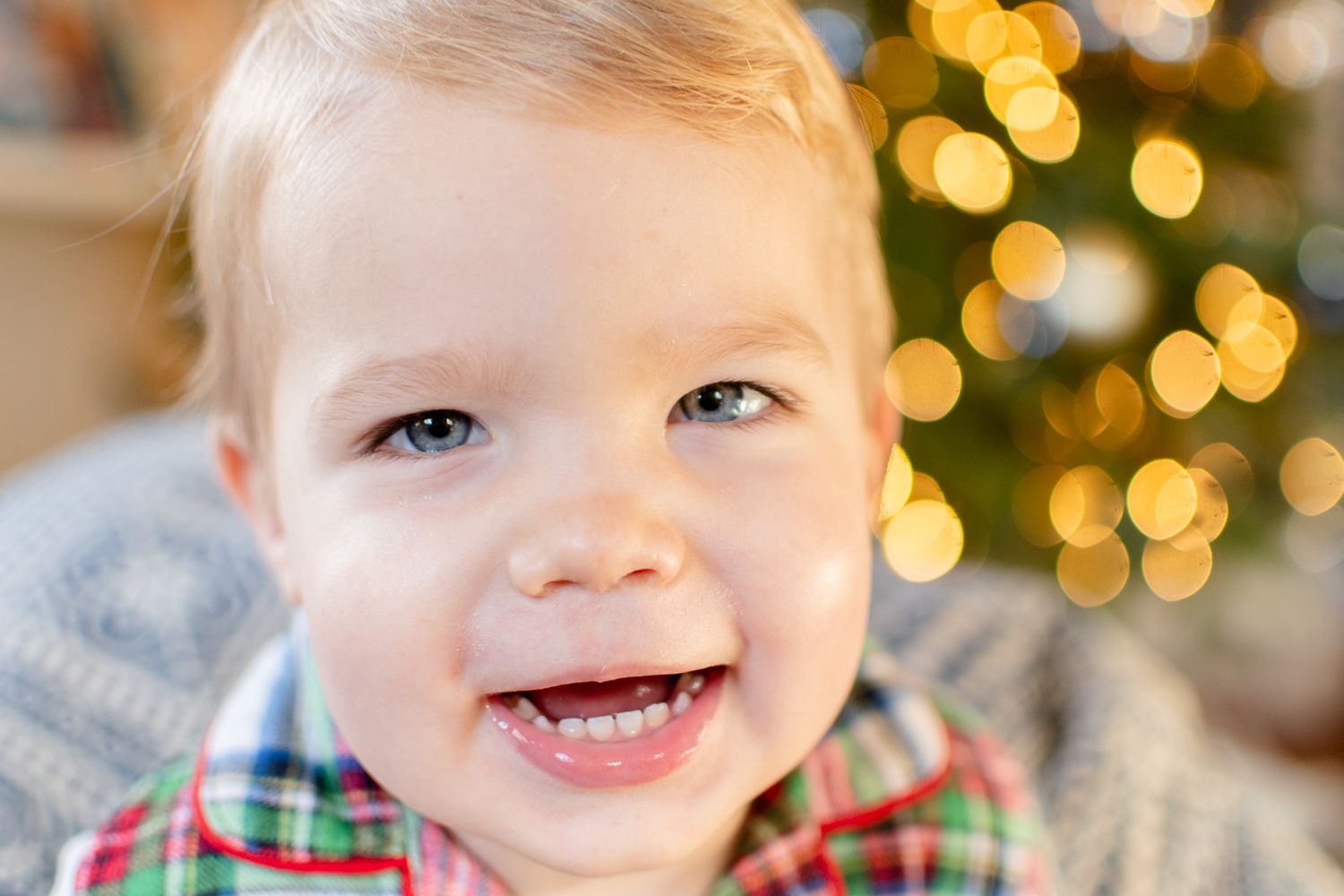Little boy grins in front of the Christmas tree at his home.