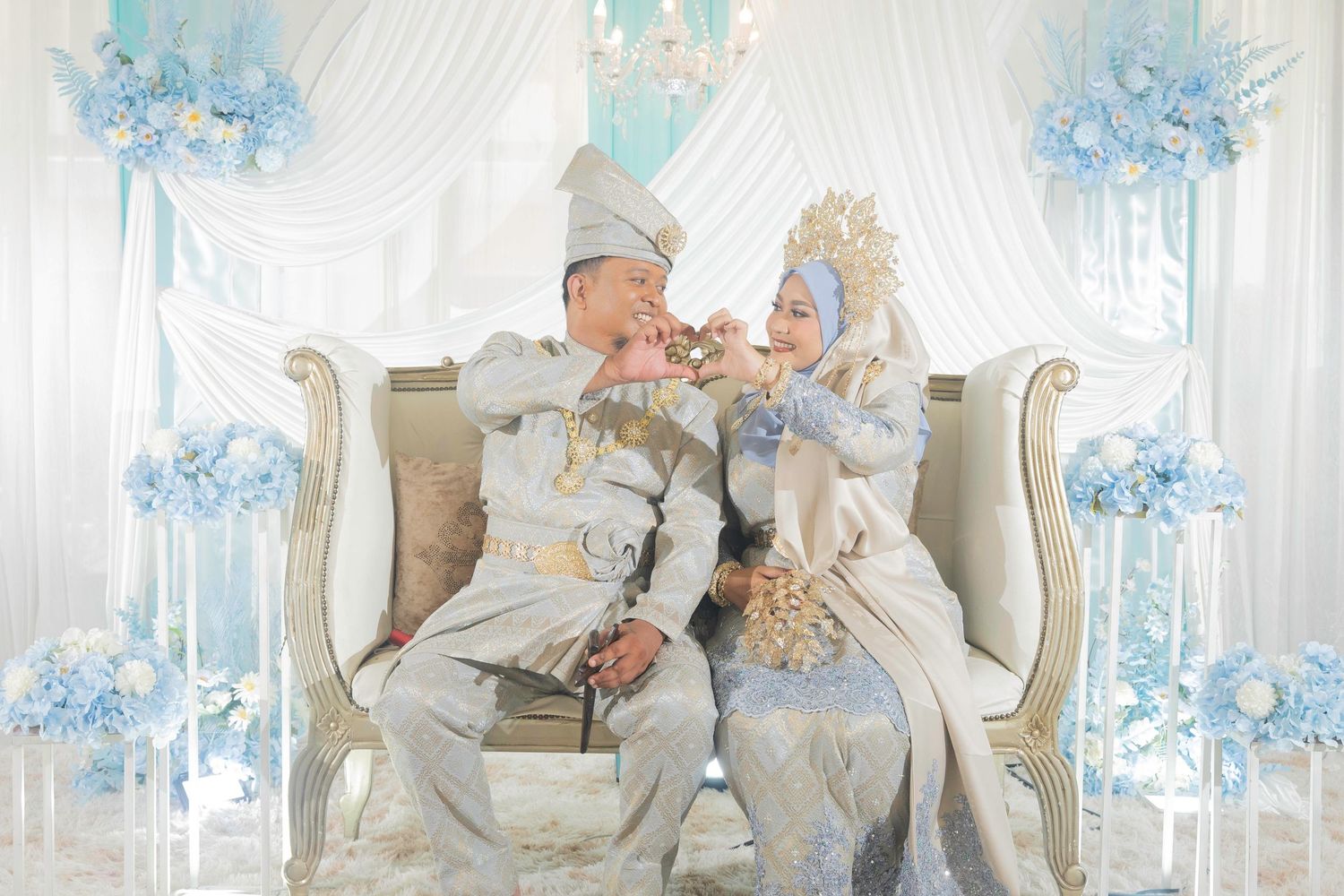 Eight elegant wedding photos arranged in a row show festivities and joyful celebrations in light blue and white decor.