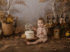 A rustic fall-themed cake smash photo setup with a white cake, dried flowers, and autumn decorations in warm brown tones.