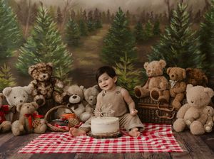 Baby smiling surrounded by teddy bears on a red checkered blanket with a cake, forest backdrop, first birthday cake smash.