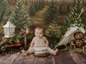 Baby's first birthday cake smash photo with forest backdrop, teddy bear, lantern, and Radio Flyer wagon on rustic wood floor.