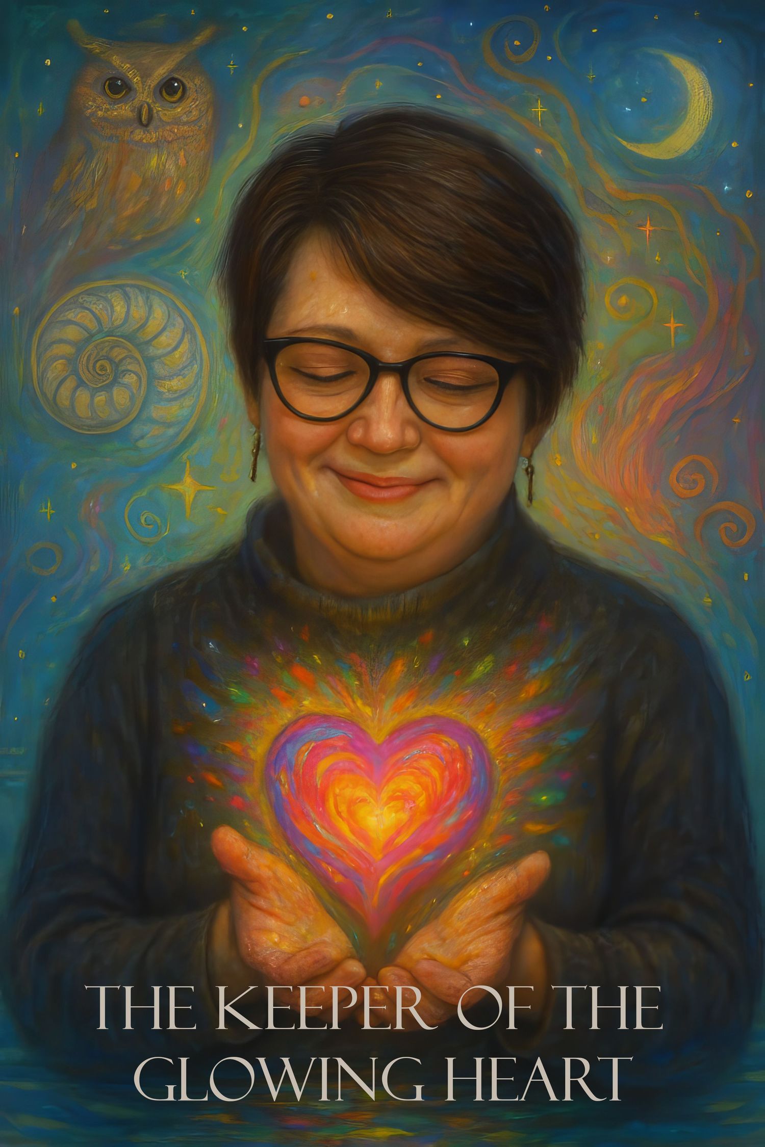 Fantasy artwork shows a figure in black holding a glowing heart with an owl and mystical swirls in the starry background.