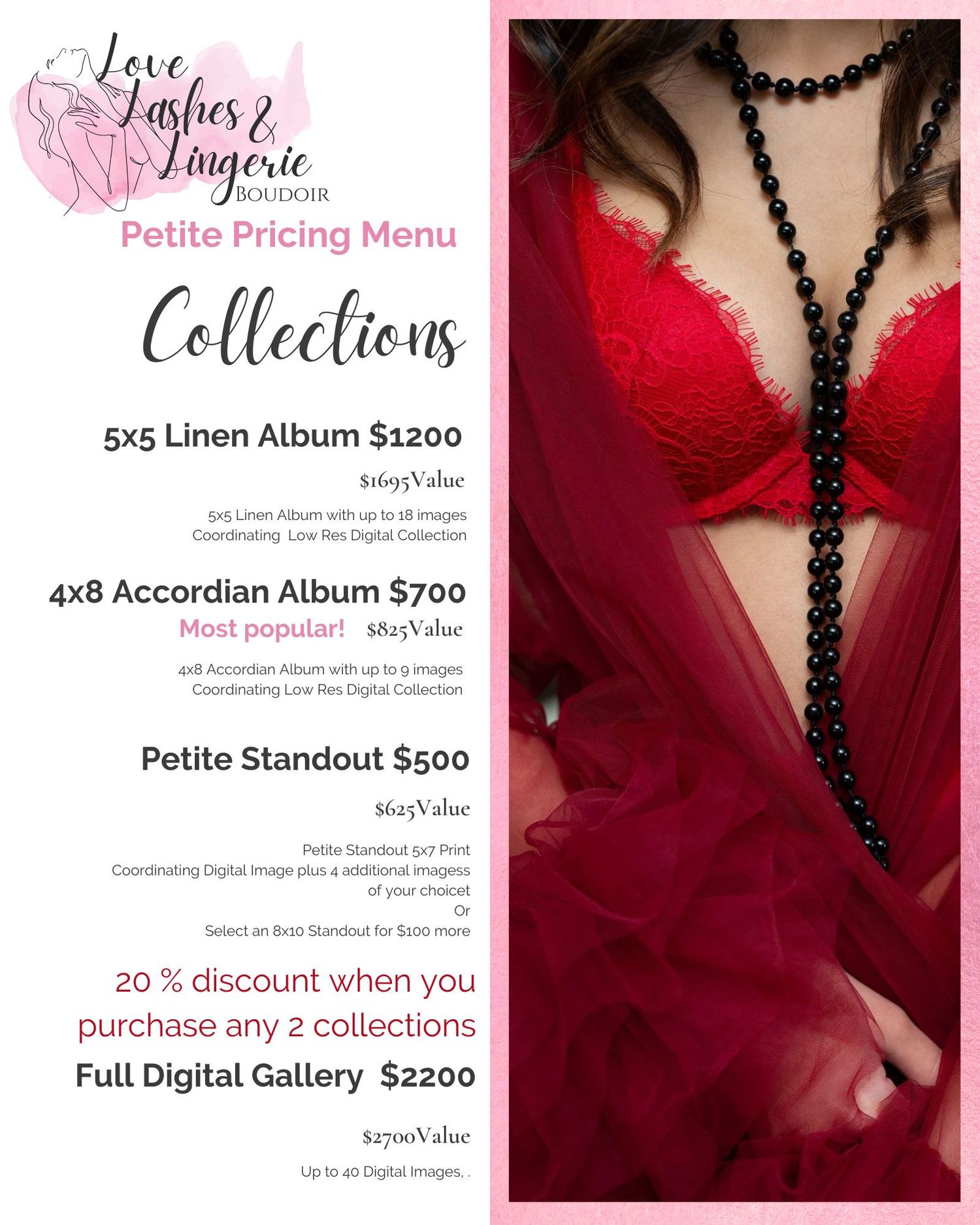 A boudoir photography price menu showing collection options with a red boudoir photo featuring black beaded jewelry.