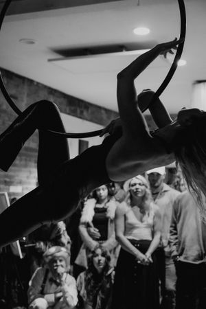 A silhouetted aerialist strikes a dramatic pose on a suspended hoop during a performance.