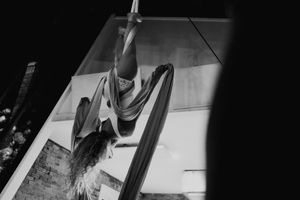 An artistic black and white capture of an aerial silk performer executing an inverted pose.