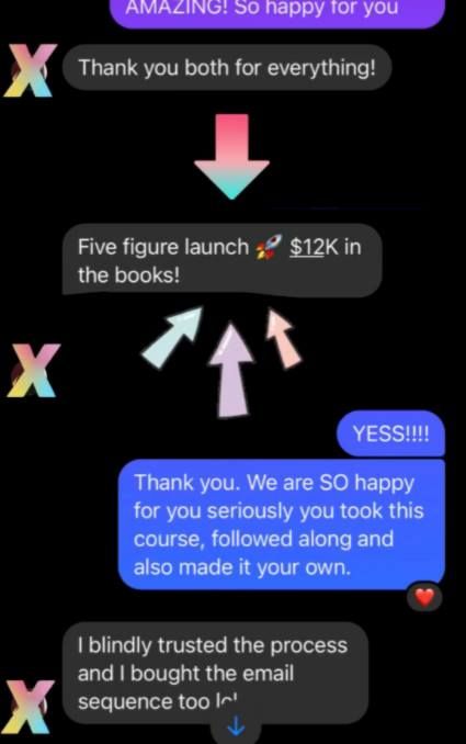 Mobile chat screenshots showing enthusiastic text messages about course success and reaching five figure launch milestones.