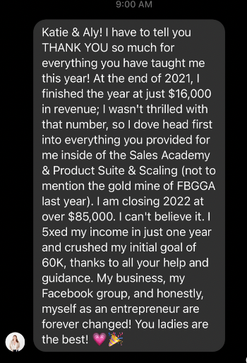 Screenshot of a text message sharing business success story with revenue growth from $16,000 to $85,000 in one year.