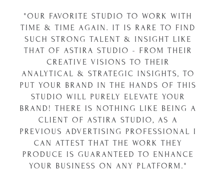 A row of dark text snippets on a white background with testimonial quotes about a design studio.