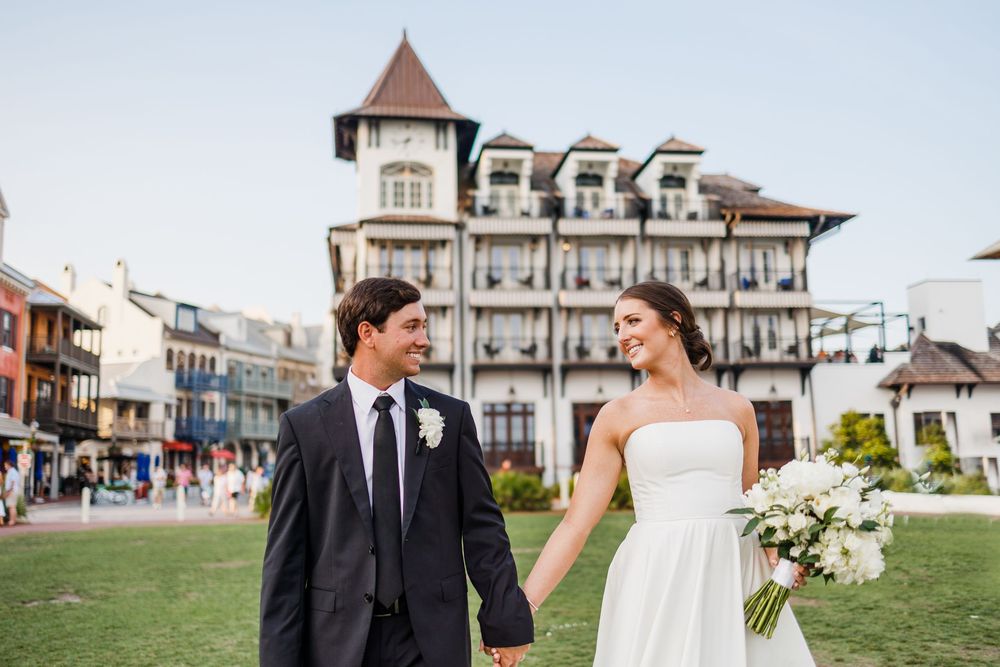 A series of wedding photos showing a couple at a beachfront hotel, outdoor ceremony space and elegant reception venue.