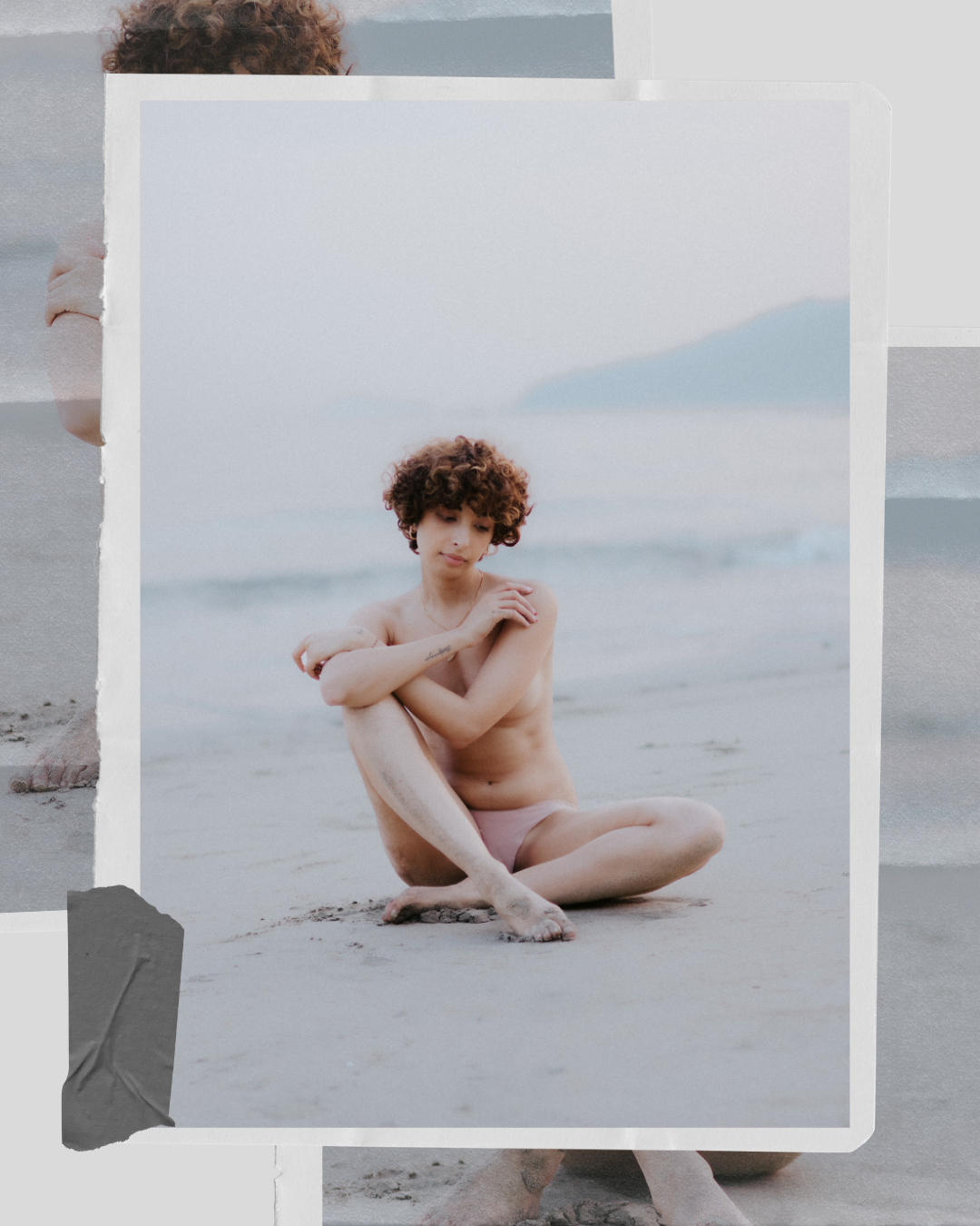 Minimalist artistic beach portrait with white border frame effect.