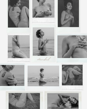 Collection of artistic black and white boudoir photographs arranged in a grid layout.