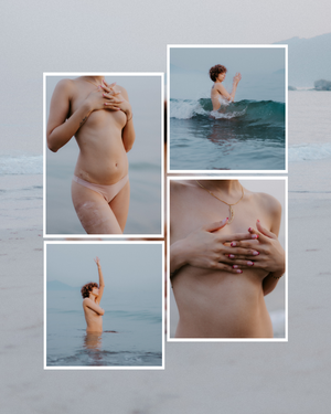Ethereal collage of artistic photos showing nude figure posing in ocean waves.