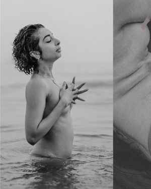 Black and white diptych of artistic nude portrait with expressive pose against ocean backdrop.