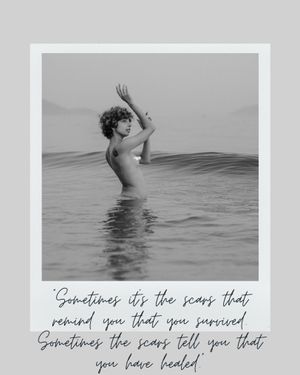 Black and white photo with inspirational quote about healing and survival overlaid on ocean scene.