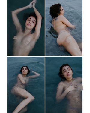 Artistic photo collage capturing nude figure in various poses in dark ocean waters.