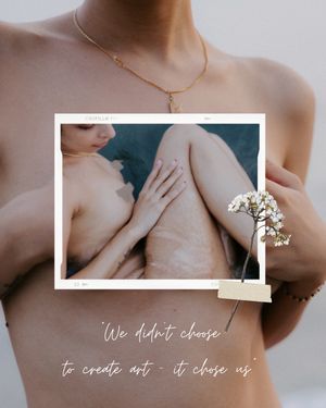 Artistic nude photo composition with delicate flower and text overlay.