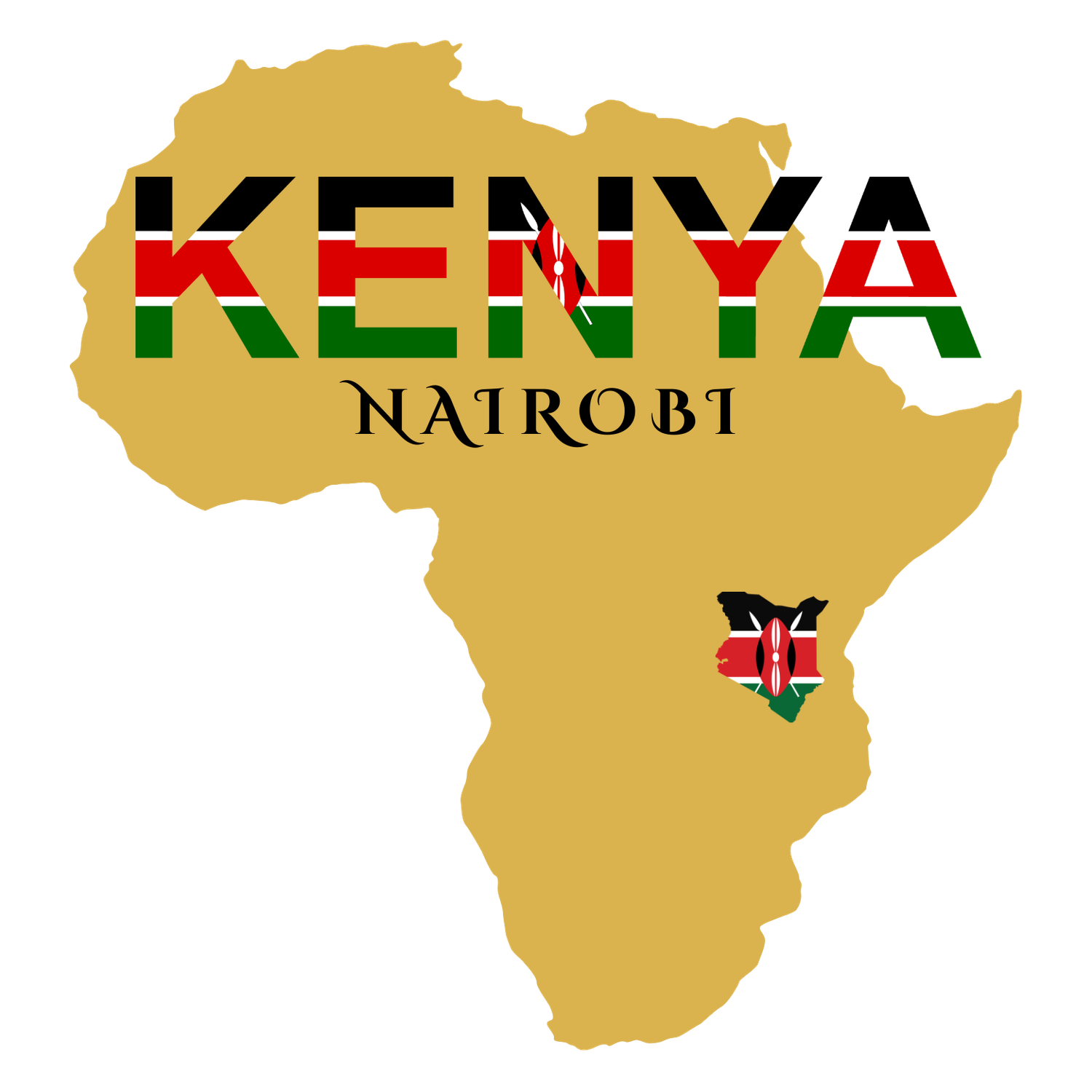 Stylized map of Africa featuring Kenya and Nairobi text with national flag colors against a gradient gold background.