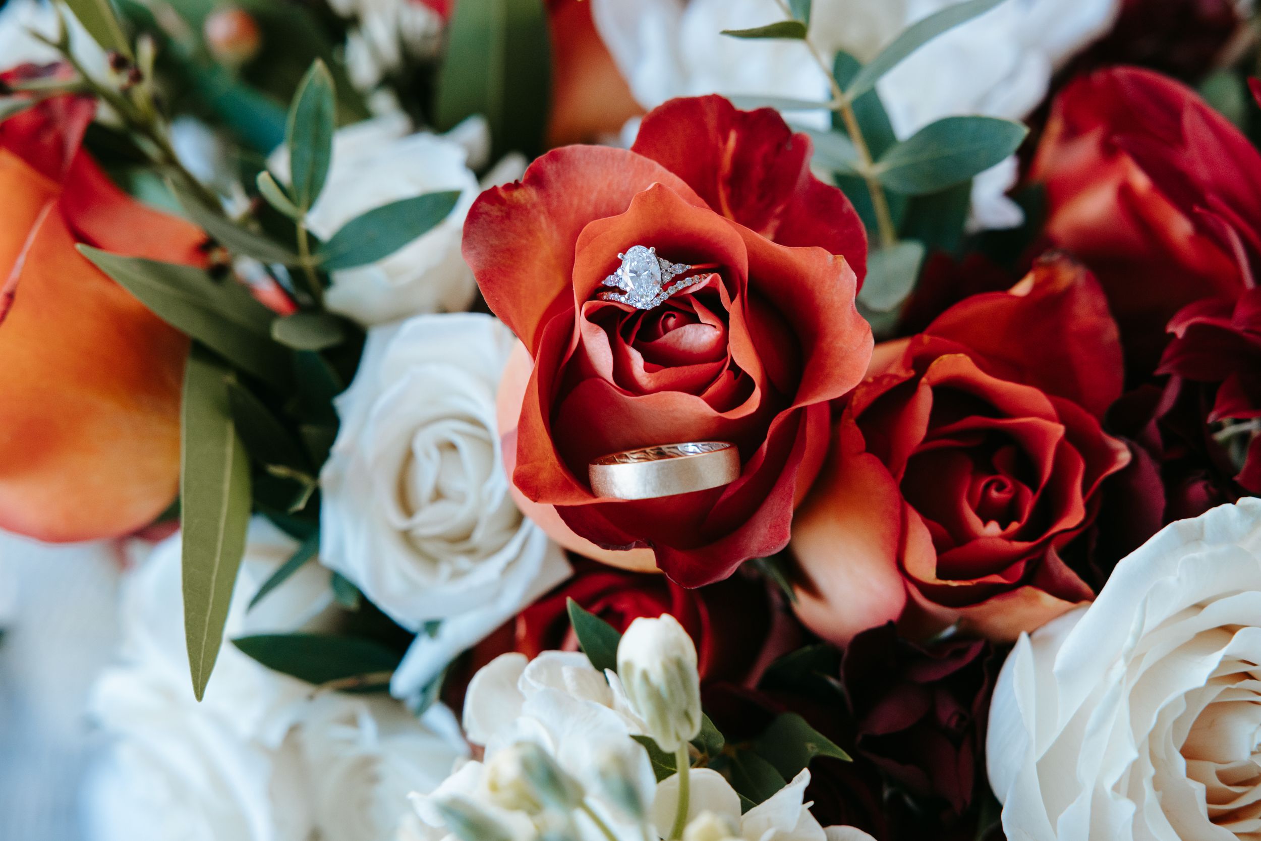 A stunning engagement ring nestled inside red and white roses with green foliage in a wedding bouquet.