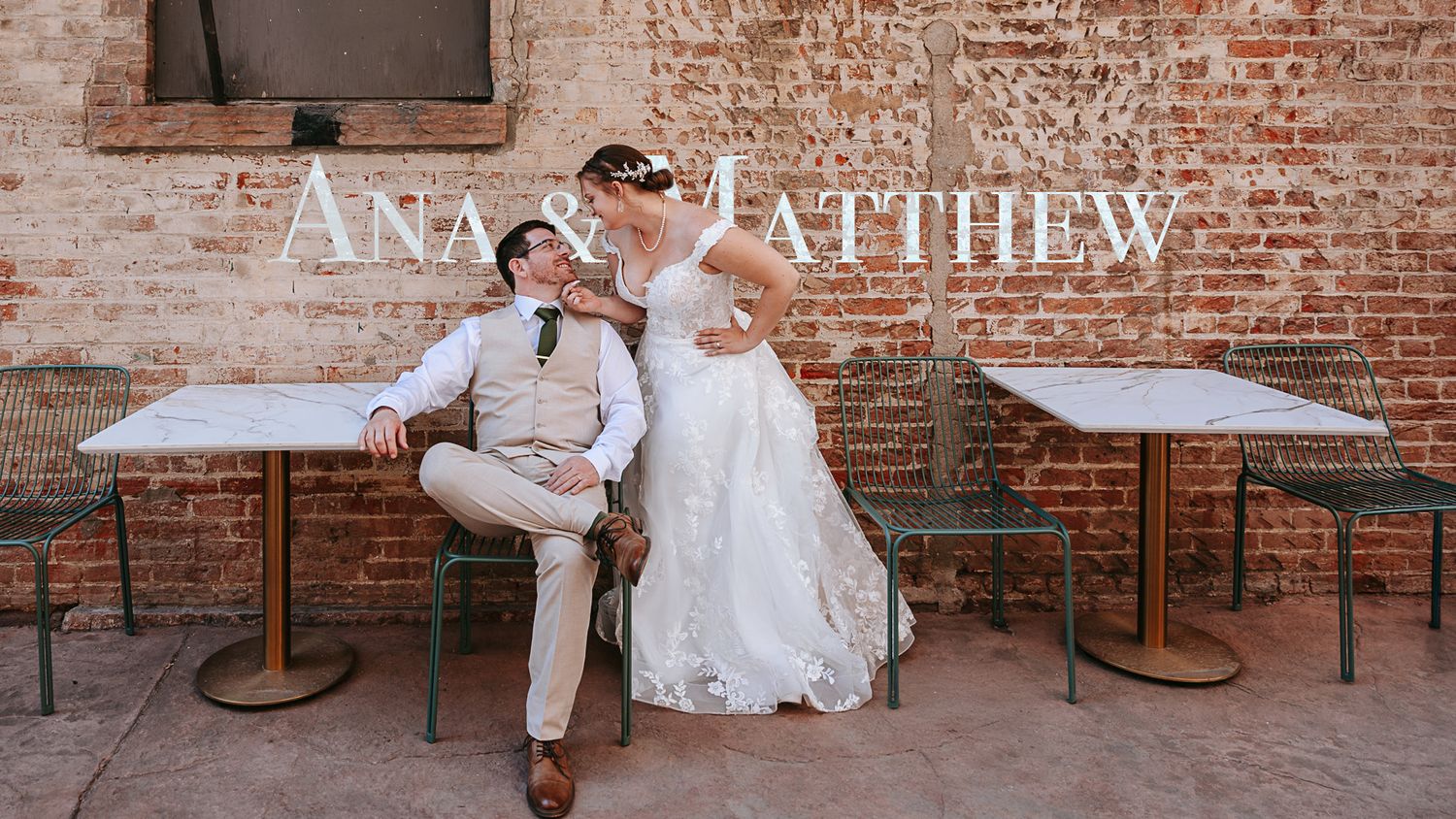 Romantic wedding photo collage with couples in white attire against rustic brick walls and vintage decor.