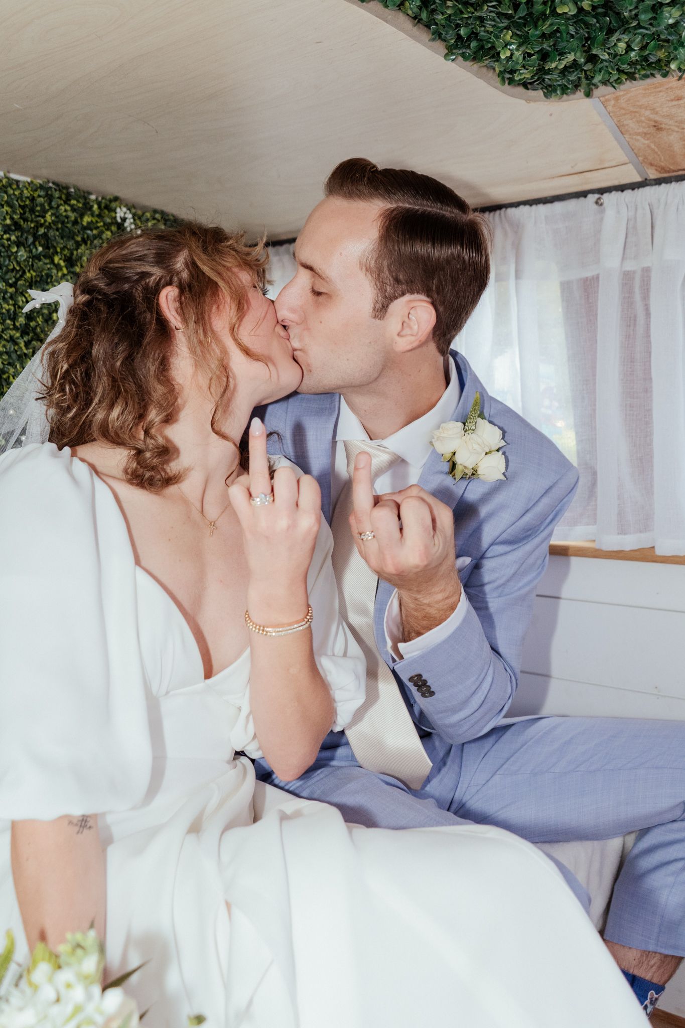 A series of intimate wedding photos showing tender moments between a couple.