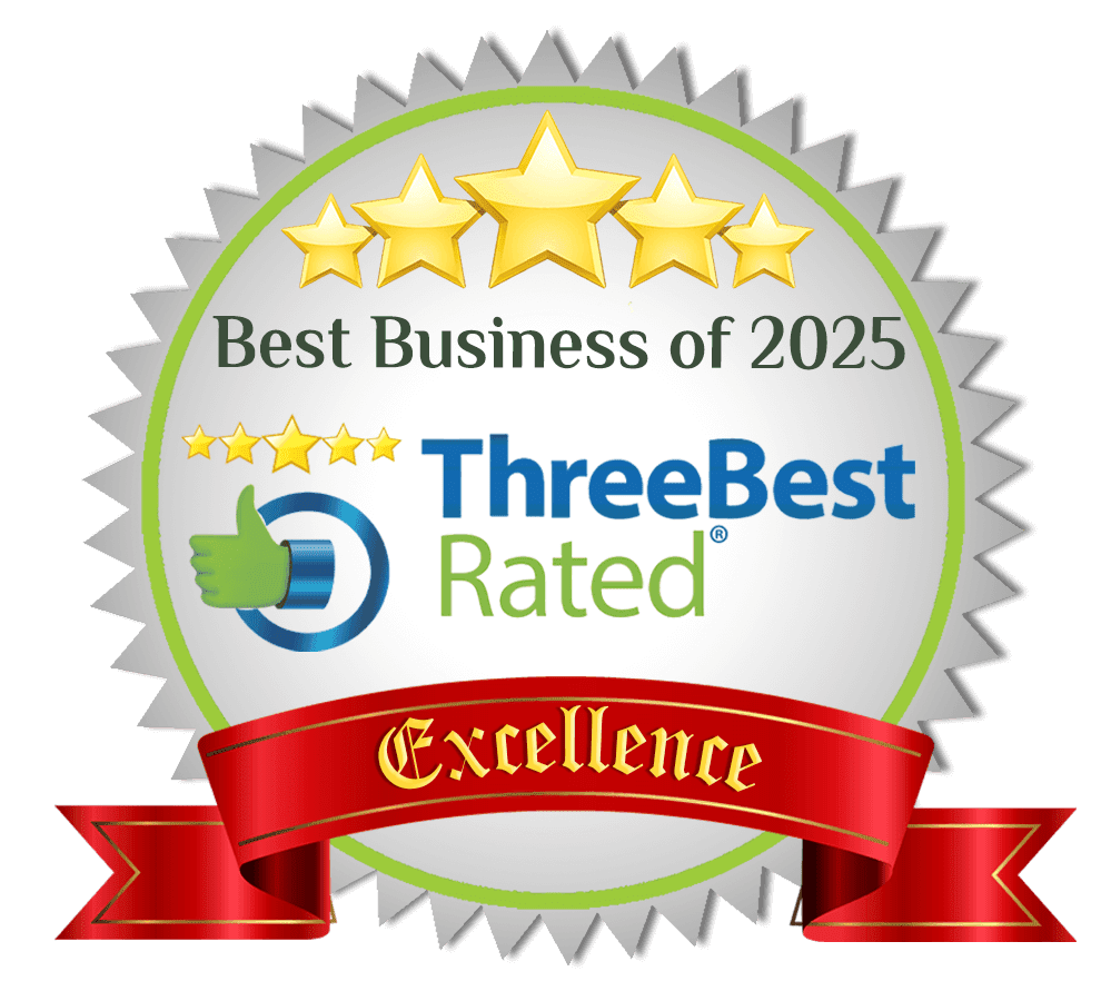 Collection of business award badges and seals featuring excellence recognition, star ratings, and best business designations.