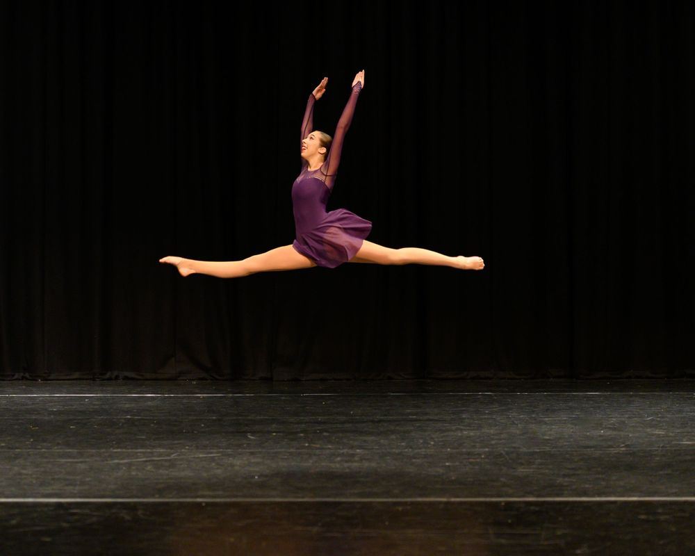 A series of connected dance photos showing a graceful leap movement sequence on a dark stage.