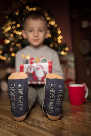 Navy blue slippers with writing on them against wooden surface with holiday lights in background.