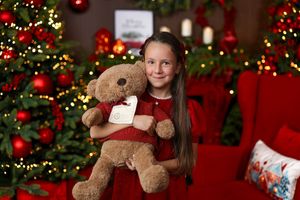 Girl in red dress holding teddy bear with gift tag near decorated Christmas tree with red ornaments and warm lights.