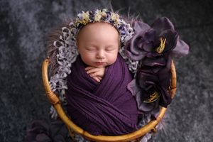 Artistic newborn portrait in deep purple wrap nestled in woven basket against dark background.