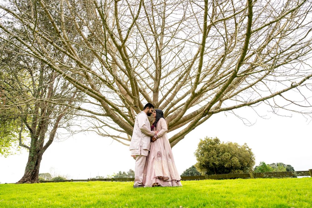 Two figures in flowy pink dresses embrace under a bare branched tree on a green hillside during springtime.
