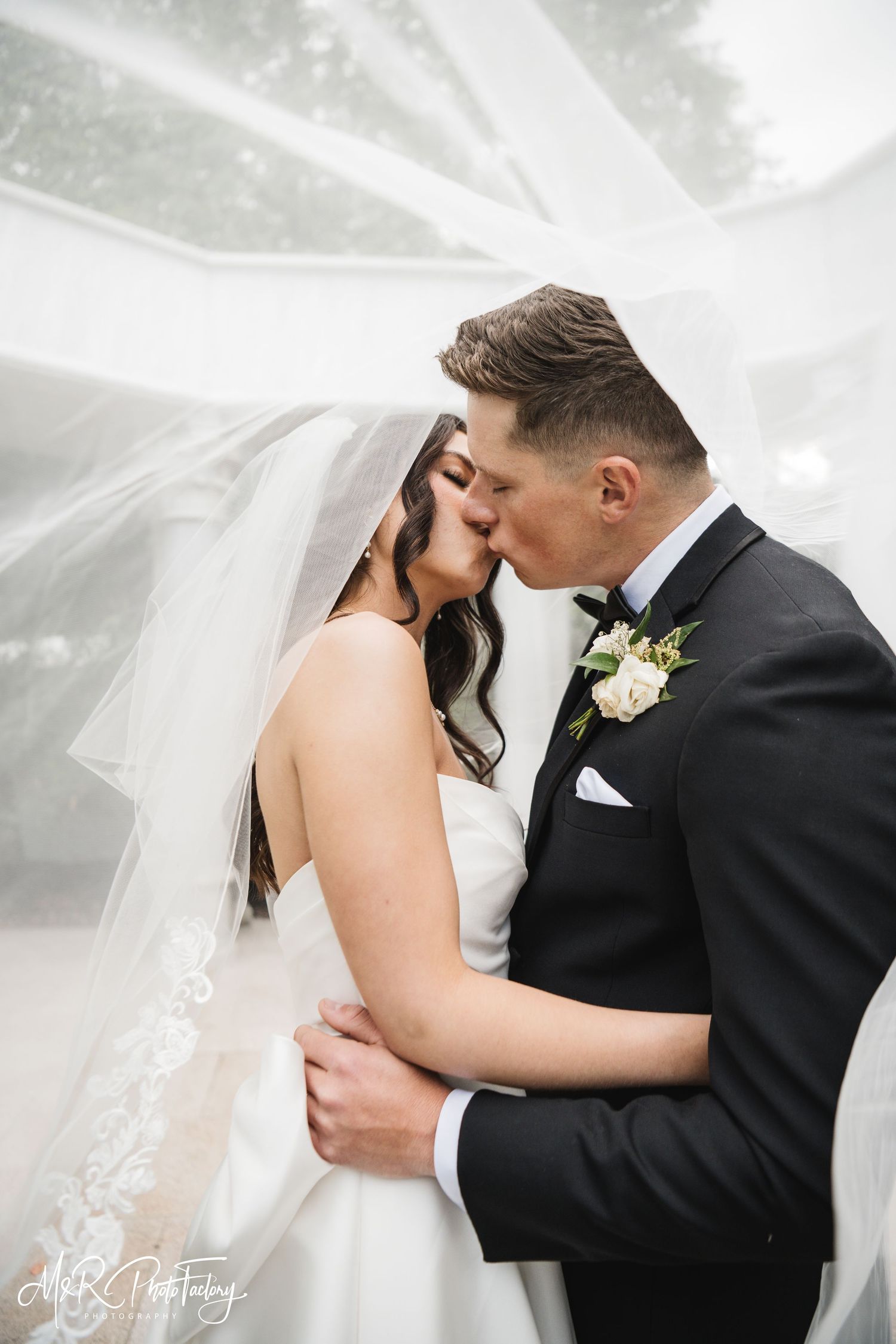 Wedding couple kissing romantically beneath a billowing white lace veil outdoors.