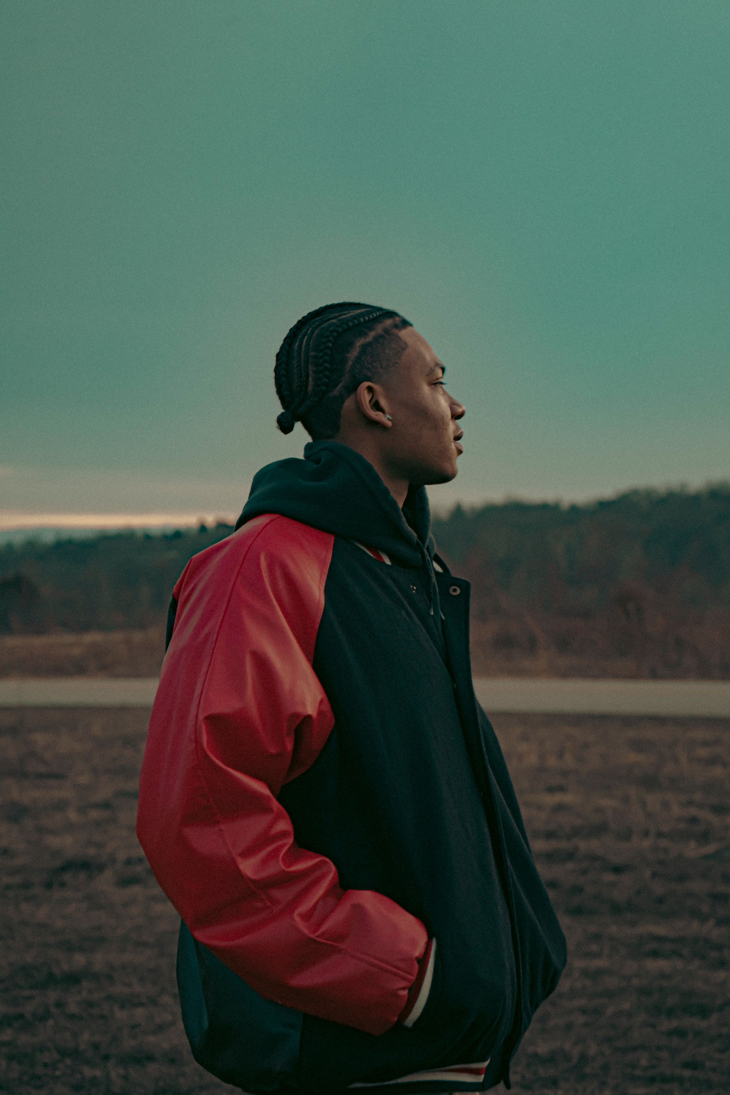 A person wearing a black and red jacket stands in profile against a moody green sky at dusk in an open field.