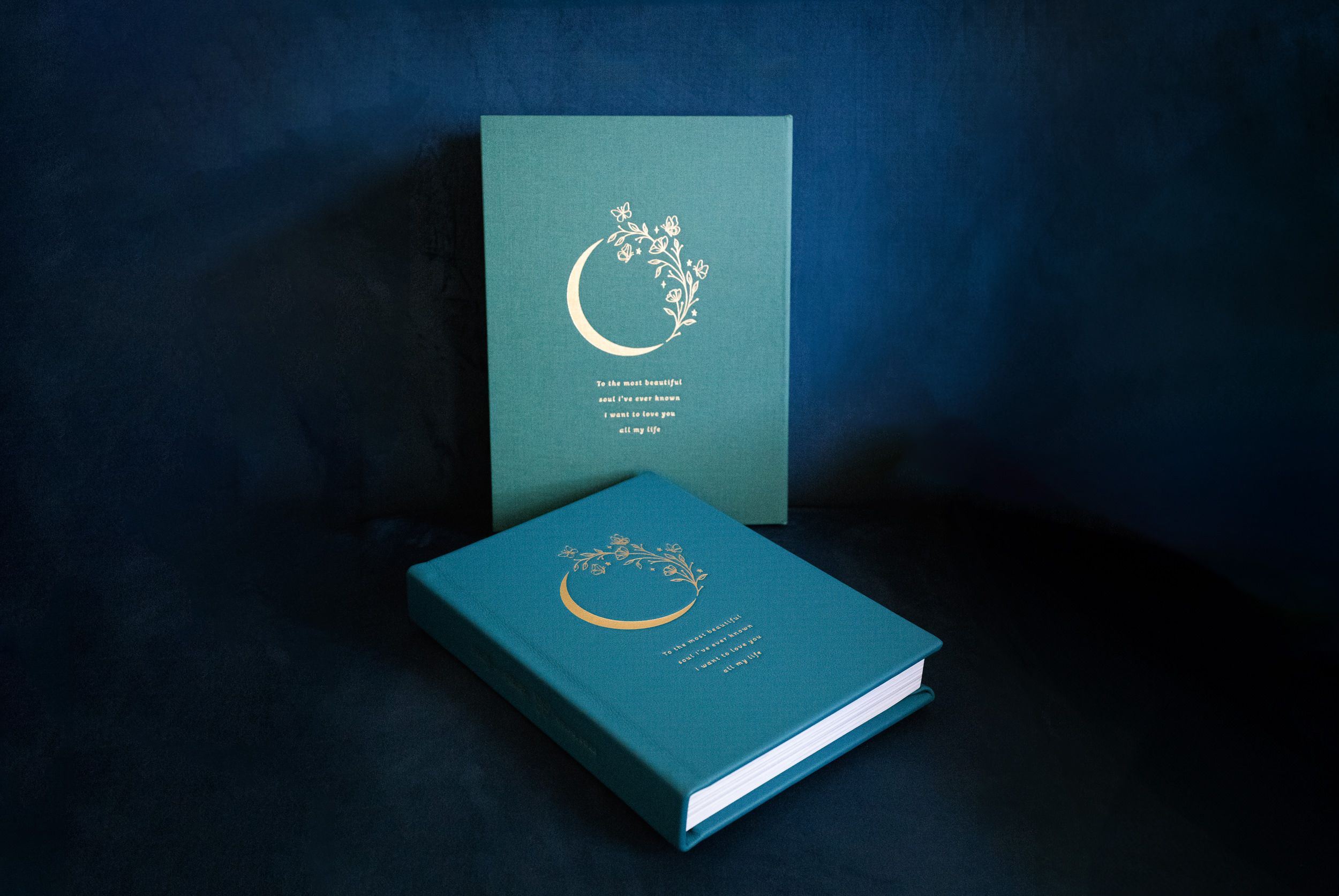 Two teal hardcover books with moon and star designs in dramatic lighting.