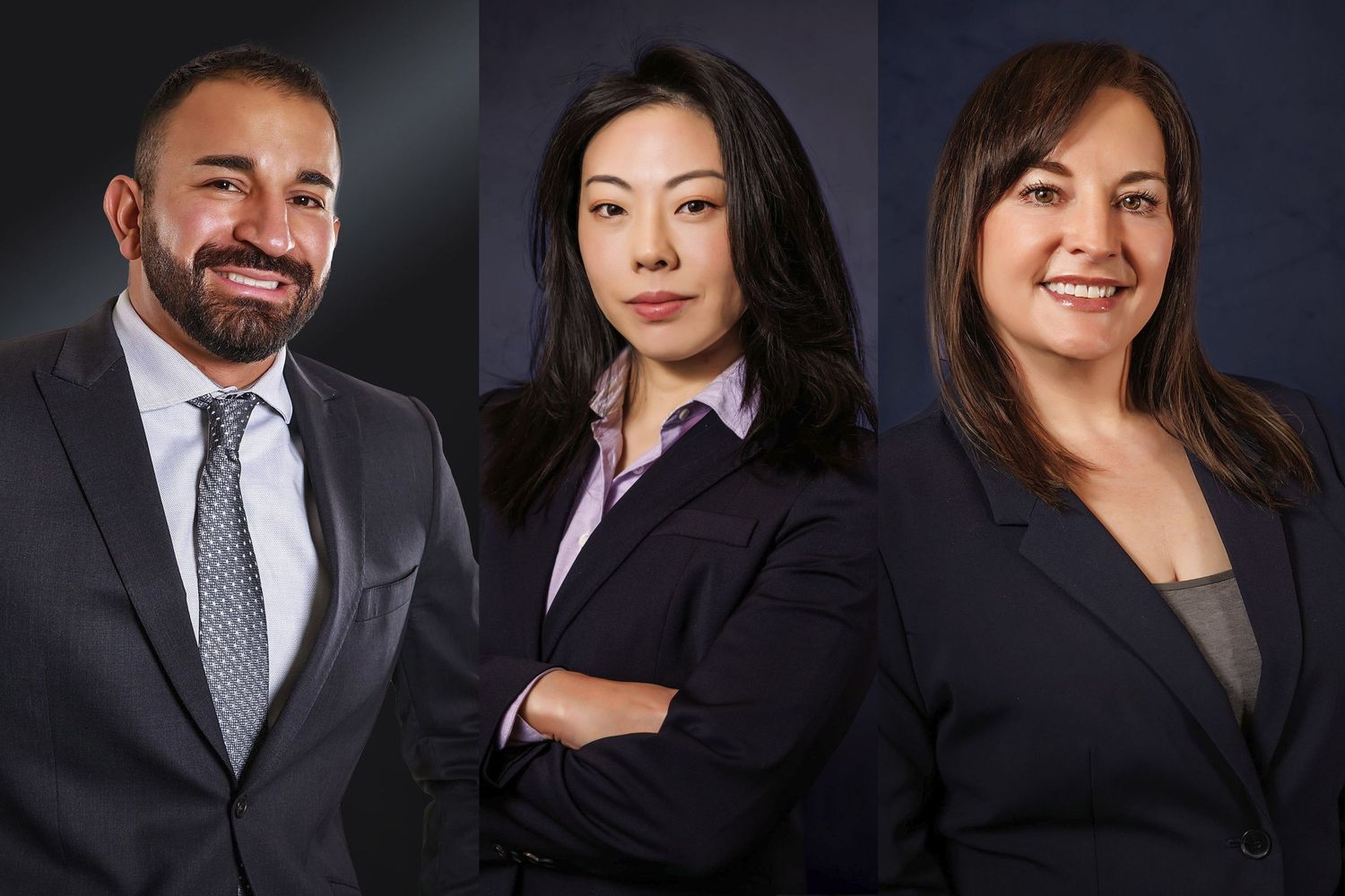 Professional headshot series of a person in a dark suit and polka dot tie against black background showing different poses.