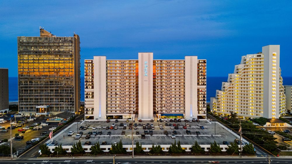 Twilight Photography of a High rise condo building in Ocean City Maryland. Featuring the Plaza.