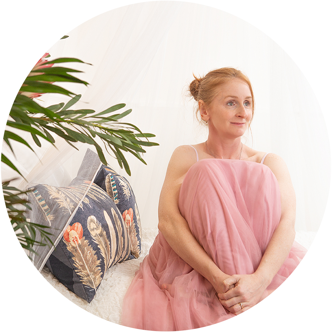 A series of elegant photos showing someone in a pink tulle dress sitting on a white couch with decorative throw pillows.