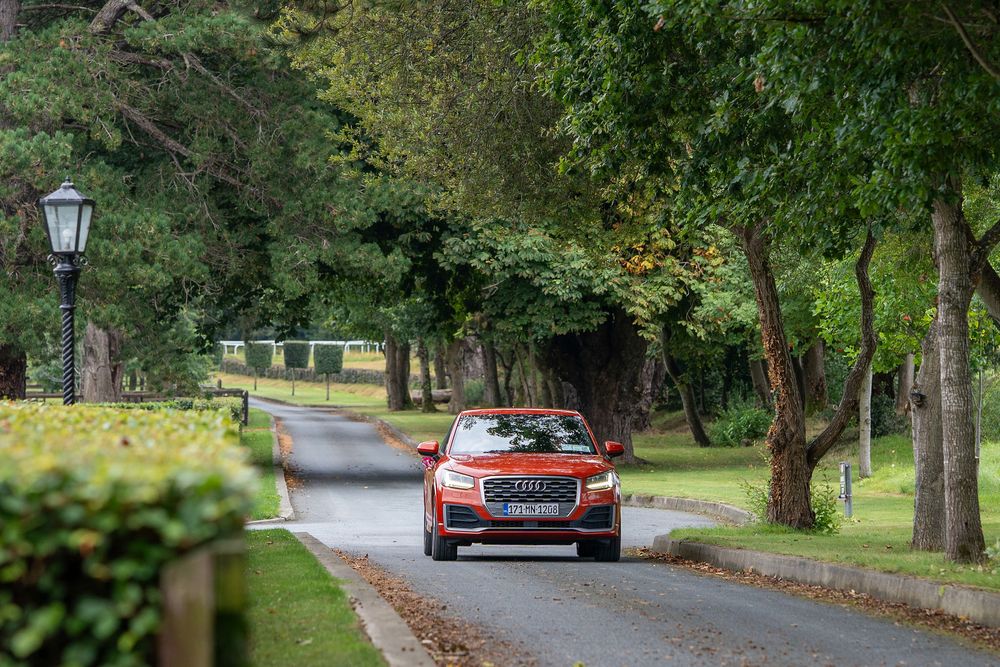 A scenic autumn road lined with tall trees and fallen leaves stretches into the distance with a parked car visible.