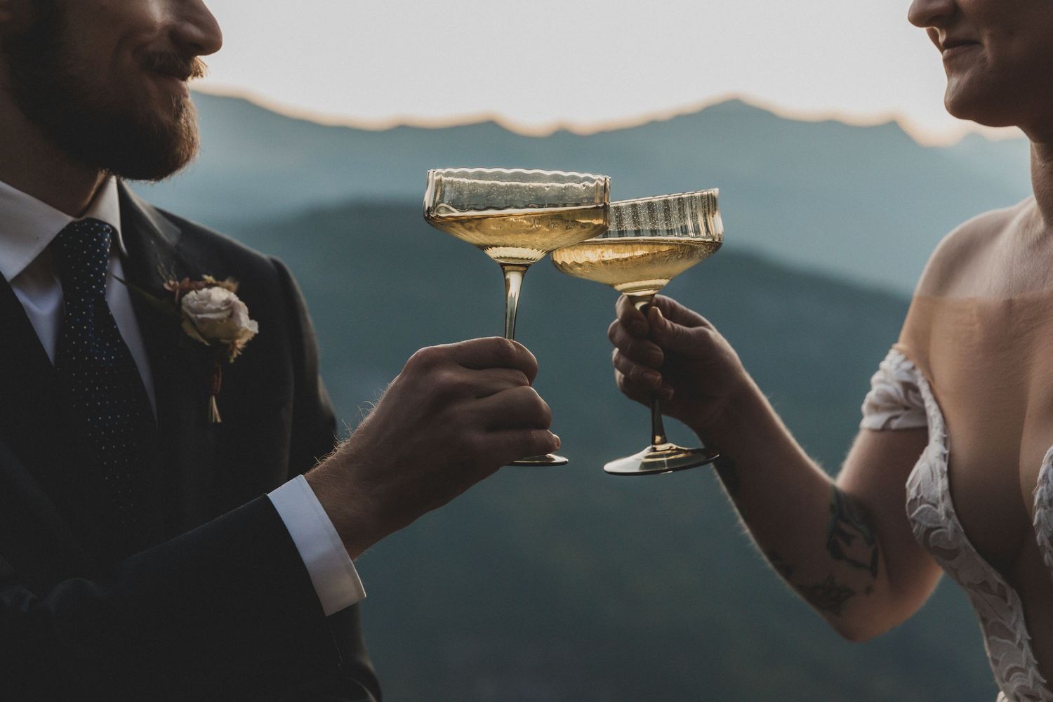 A group of people in formal attire toasting with champagne glasses at an elegant event.