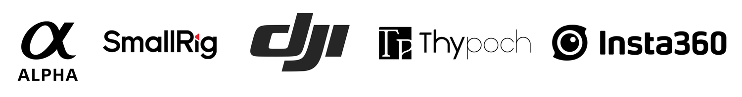 Row of camera equipment brand logos including SmallRig, DJI, and Insta360.