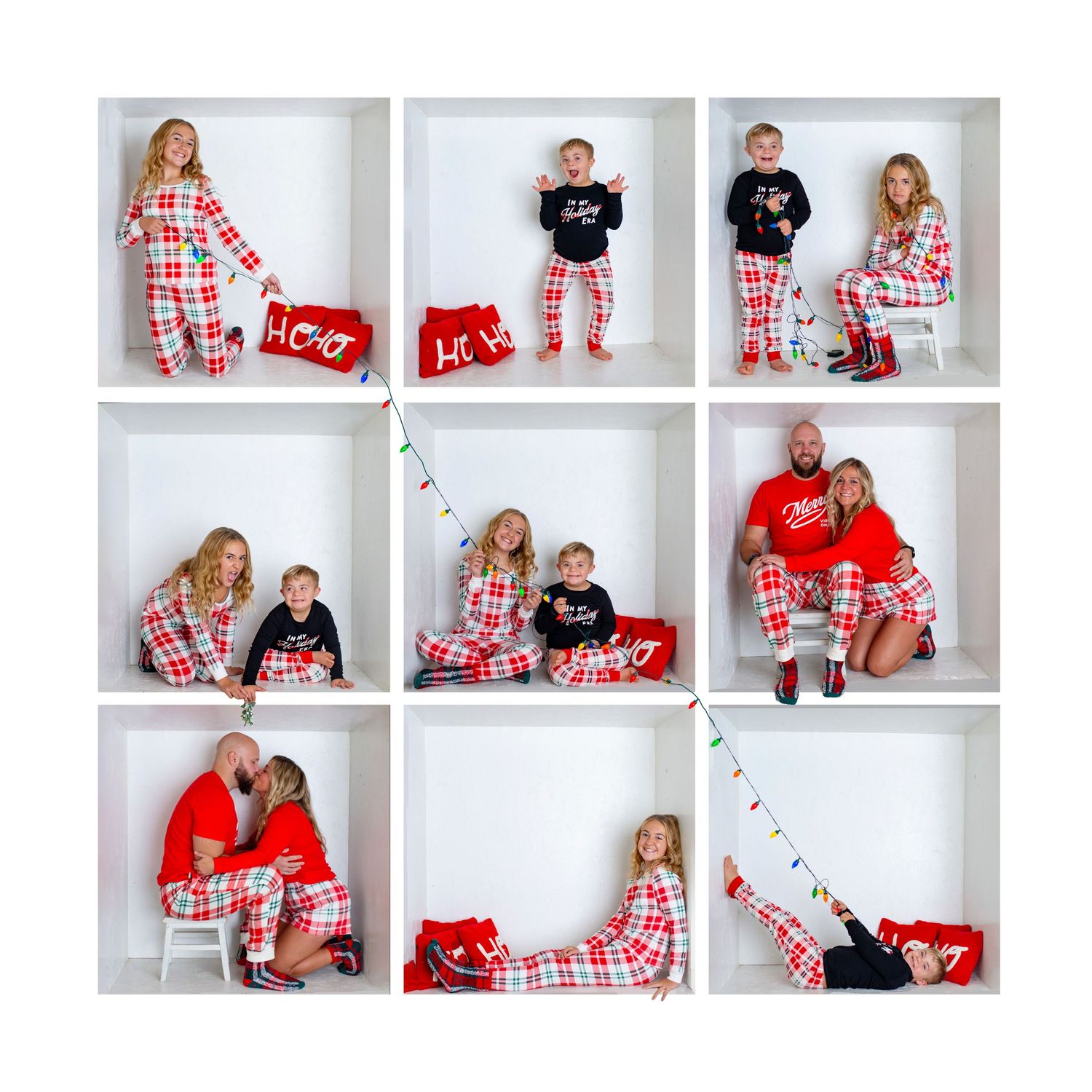 Family wearing matching red and white plaid Christmas pajamas pose together with holiday decorations for an "in the box" session.